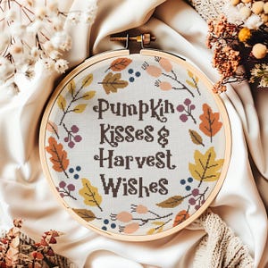 Pumpkin Kisses and Harvest Wishes Autumn Wreath Cross Stitch Pattern - Printable and Pattern Keeper Compatible PDF Files
