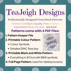 May include: A teal and white graphic with the text "TeaJeigh Designs" in purple script. The image lists cross stitch pattern features, including color symbols and a DMC floss key. The image also includes the word "Sample" stamped on a small image.