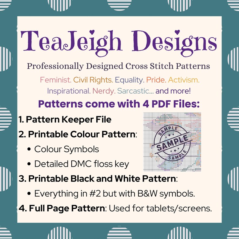 May include: A teal and white graphic with the text "TeaJeigh Designs" in purple script. The image lists cross stitch pattern features, including color symbols and a DMC floss key. The image also includes the word "Sample" stamped on a small image.