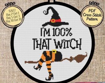 私は100パーセント魔女です。ハロウィーンの簡単なクロスステッチパターン - 印刷可能でパターンキーパーと互換性のあるPDFファイル
