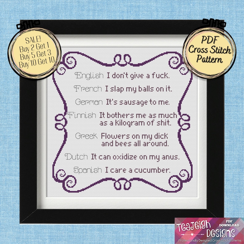 I Don't Give a Fuck Translated in Many Languages - Easy Cross Stitch Pattern - Printable and Pattern Keeper Compatible PDF Files image 5
