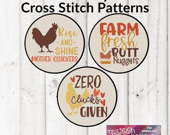 Bundle of 3 Farmhouse Chicken Cross Stitch Patterns - Printable and Pattern Keeper Compatible PDF Files