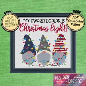 My Favorite Color is Christmas Lights Gnome Cross Stitch Pattern - Printable and Pattern Keeper Compatible PDF Files
