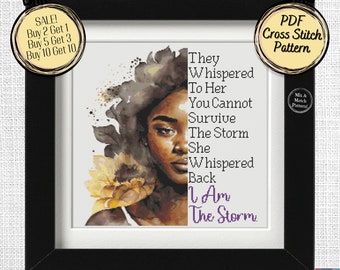 Schema punto croce "I Am The Storm" - Donna nera con girasole - File PDF stampabili e compatibili con Pattern Keeper