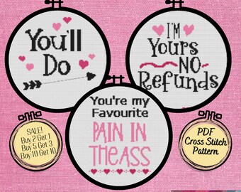 Bundle of 3 Sarcastic and Funny Valentine's Day Cross Stitch Patterns - Printable and Pattern Keeper Compatible PDF Files