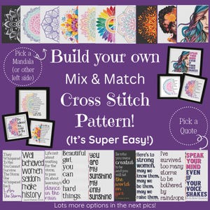 May include: A purple background with a variety of colourful cross stitch patterns. The patterns include mandalas, quotes, and inspirational text. The text reads "Build your own Mix & Match Cross Stitch Pattern! (It's Super Easy!)"