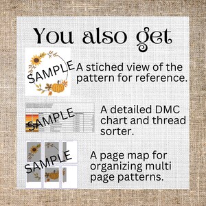 May include: A digital cross-stitch pattern featuring a wreath of sunflowers and pumpkins. The listing includes a stitched sample, a detailed DMC chart and thread sorter, and a page map for organizing multi-page patterns.