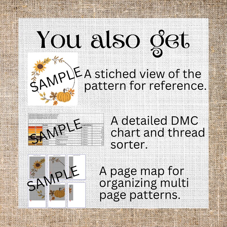 May include: A digital cross-stitch pattern featuring a wreath of sunflowers and pumpkins. The listing includes a stitched sample, a detailed DMC chart and thread sorter, and a page map for organizing multi-page patterns.