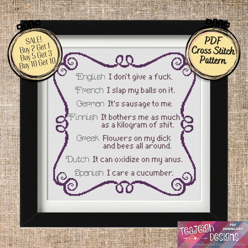 I Don't Give a Fuck Translated in Many Languages - Easy Cross Stitch Pattern - Printable and Pattern Keeper Compatible PDF Files image 3