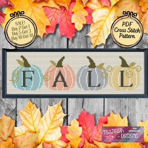 Pastel Pumpkins FALL Sign Easy Cross Stitch Pattern - Printable and Pattern Keeper Compatible PDF Files