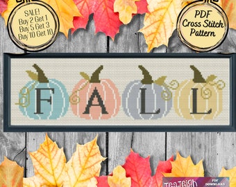 Pastel Pumpkins FALL Sign Easy Cross Stitch Pattern - Printable and Pattern Keeper Compatible PDF Files