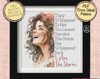 Schema punto croce "I Am The Storm" - Donna dai capelli ricci - Abbina e abbina - File PDF stampabili e compatibili con Pattern Keeper