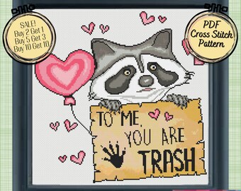 Per me sei spazzatura - Schema punto croce di San Valentino - Schema procione spazzatura - File PDF stampabili e compatibili con Pattern Keeper