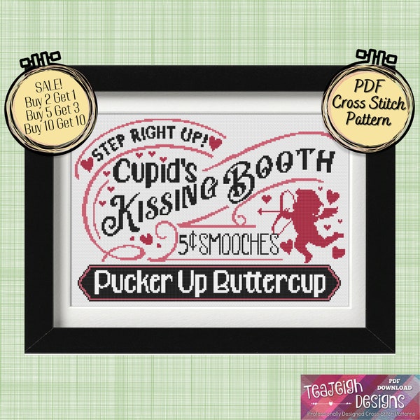 Cupid's Kissing Booth Valentine Cross Stitch Pattern Sign - Pucker Up Buttercup - Printable and Pattern Keeper Compatible PDF Files