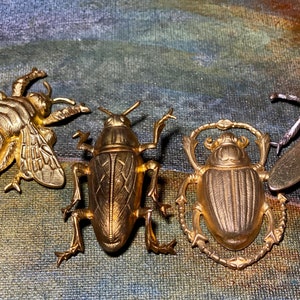 May include: Four detailed, gold-toned insect brooches. The collection includes a bee, a beetle, a scarab beetle, and a fly. Each brooch is intricately designed with realistic features, showcasing the insects' wings, legs, and body segments. The brooches are displayed against a textured background.