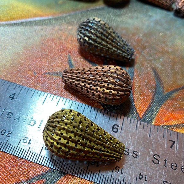 Vintage Sewable Corrugated Perforated Steel Teardrop Pendant Bead ~ 1 1/8" x 3/4"