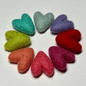 Op de afbeelding: Een verzameling van negen vilten harten in een cirkelvormige opstelling. De harten zijn in verschillende kleuren, waaronder teal, grijs, paars, rood, groen, oranje en roze. De harten zijn gemaakt van een zacht, getextureerd materiaal.