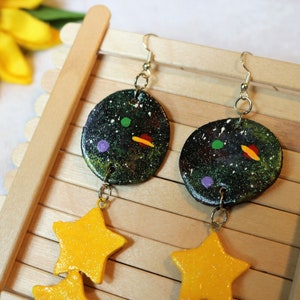 galaxy & star themed space handmade clay dangle earrings (hook and clip on options available)