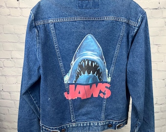 Vintage Wrangler Denim Jacket Upcycled with Jaws Graphic - Men’s Small