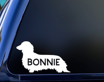 Long Haired Dachshund Name Decal, Dachshund Name Sticker, Doxie Decal, Custom Dachshund Decal, Dachshund Sticker, Dachshund Mom Car Decal