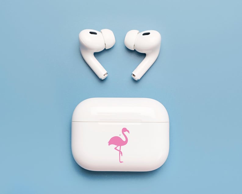 Tiny pink Flamingo decal placed on earphones case.