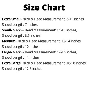 Dog snood size chart. The dog snood sizes include extra small, small, medium, large, and extra large.