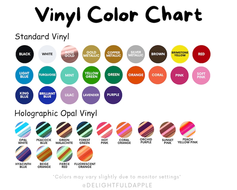 Vinyl color chart showcasing the different color options for Dachshund decal.