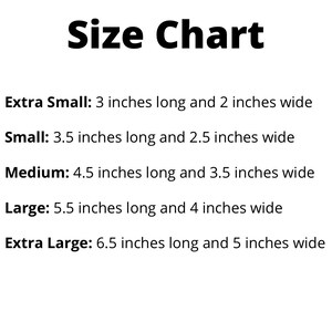 Size chart for dog bow ties. Sizes include extra small, small, medium, large, and extra large.