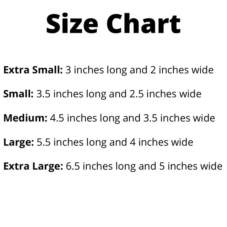 Size chart for dog bow ties. Sizes include extra small, small, medium, large, and extra large.