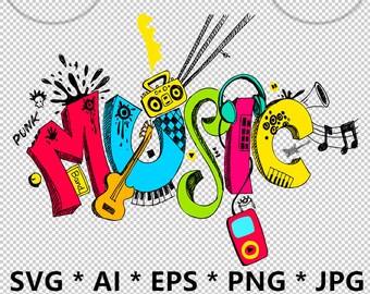 Letter Music SVG, eps-AI Fonts Cut Files, Clipart Appliques, Printable PNG Heat Transfers Stickers, jpg Cricut, Digital Download, DzIxY 65