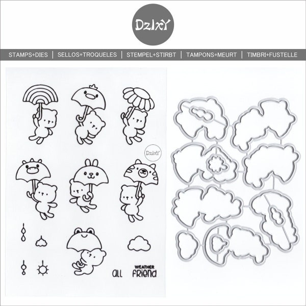 DzIxY Bear Umbrella Clear Stamps and Metal Cutting Dies For Card Making Seals Storage Pockets Set Paper Embossing Stencils