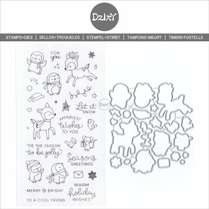Sellos transparentes y troqueles de corte de metal DzIxY Penguin Deer para hacer tarjetas, sellos de silicona, bolsillos de almacenamiento, plantillas de relieve de papel
