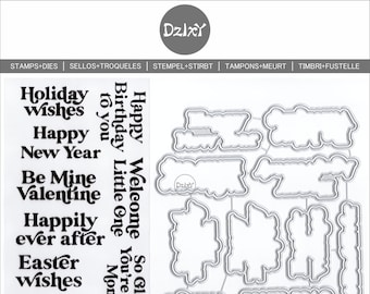 Sellos transparentes y troqueles de corte de metal con palabras en inglés de DzIxY para hacer tarjetas, sellos, bolsillos de almacenamiento, plantillas de relieve de papel