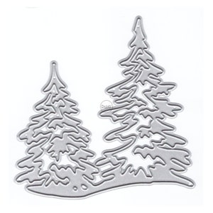 May include: Metal die cut of two stylised pine trees with a detailed outline. The die cut is designed for crafting and scrapbooking.