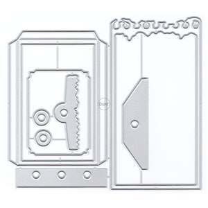 Puede incluir: Troquel metálico para scrapbooking o creación de tarjetas. El troquel presenta un bolsillo con solapa, una etiqueta y un elemento decorativo con borde de sierra. El troquel está diseñado para crear un efecto de capas.