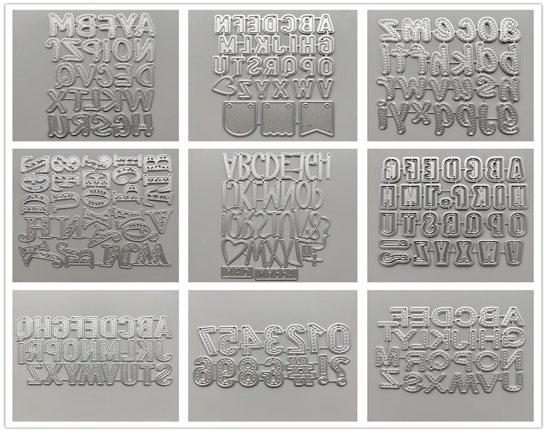 Może przedstawiać: Dziewięć arkuszy metalowych szablon&oacute;w liter i cyfr. Każdy arkusz zawiera inny styl czcionki i rozmiar liter i cyfr. Szablony są srebrne i mają fakturowaną powierzchnię.