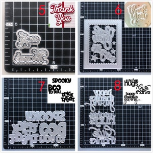 Pu&ograve; includere: Otto stencil in metallo tagliati a laser per l'artigianato. Gli stencil presentano varie frasi e disegni, tra cui "Grazie", "Spooky Boo to You", "Warm Hugs Give Thanks" e "Happy Thanks Giving".