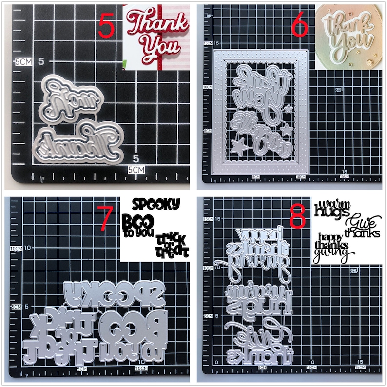 Pu&ograve; includere: Otto stencil in metallo tagliati a laser per l'artigianato. Gli stencil presentano varie frasi e disegni, tra cui "Grazie", "Spooky Boo to You", "Warm Hugs Give Thanks" e "Happy Thanks Giving".