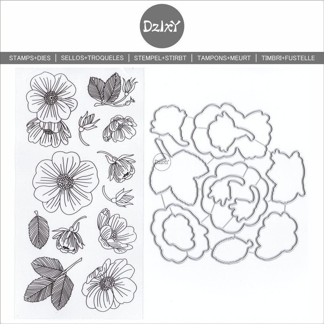 Dzixy Leaves Flower Clear Stamps and Metal Cutting Dies for Card Making ...