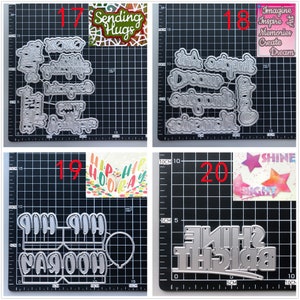 Pu&ograve; includere: Quattro stencil in metallo tagliati a morire per l'artigianato. Gli stencil sono numerati da 17 a 20. Lo stencil 17 presenta le parole "Sending Hugs". Lo stencil 18 presenta le parole "Imagine Inspire Memories Create Dream". Lo stencil 19 presenta le parole "Hip Hip Hooray" e "Happy Birthday". Lo stencil 20 presenta le parole "Shine Bright".