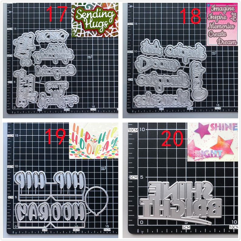 Pu&ograve; includere: Quattro stencil in metallo tagliati a morire per l'artigianato. Gli stencil sono numerati da 17 a 20. Lo stencil 17 presenta le parole "Sending Hugs". Lo stencil 18 presenta le parole "Imagine Inspire Memories Create Dream". Lo stencil 19 presenta le parole "Hip Hip Hooray" e "Happy Birthday". Lo stencil 20 presenta le parole "Shine Bright".