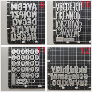 Może przedstawiać: Cztery arkusze metalowych szablon&oacute;w alfabetu do rękodzieła. Każdy arkusz ma inny styl czcionki i zawiera duże i małe litery, cyfry i symbole. Arkusze są ponumerowane 9, 10, 11 i 12.