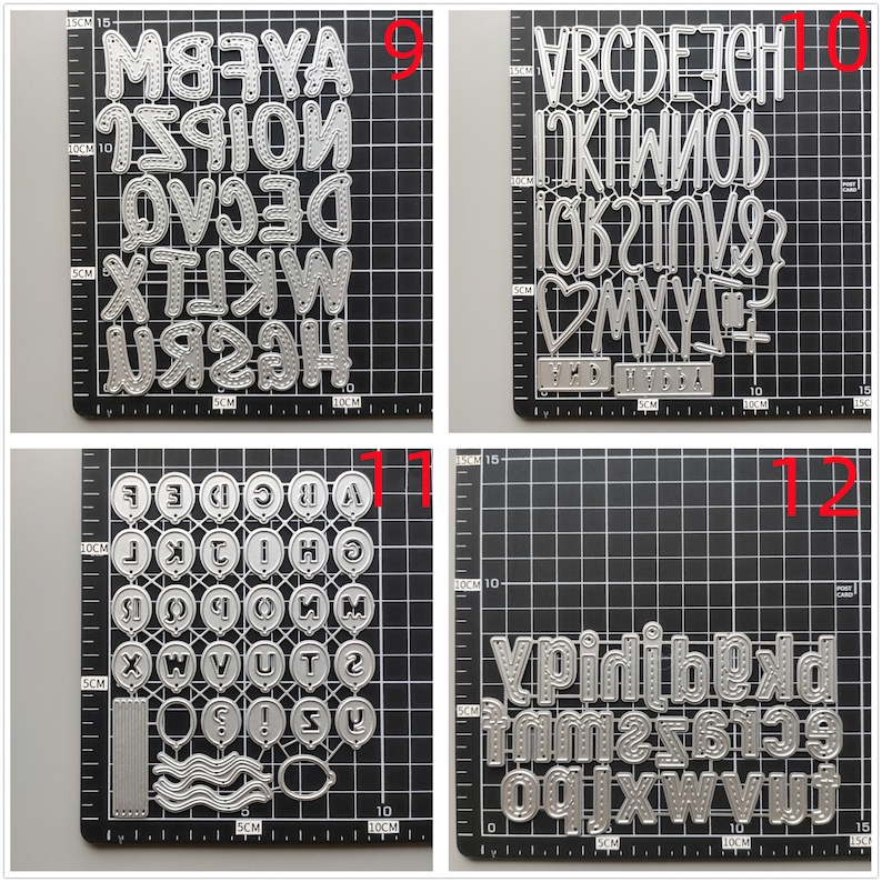 Może przedstawiać: Cztery arkusze metalowych szablon&oacute;w alfabetu do rękodzieła. Każdy arkusz ma inny styl czcionki i zawiera duże i małe litery, cyfry i symbole. Arkusze są ponumerowane 9, 10, 11 i 12.