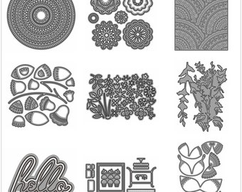 Op de afbeelding: Een set van negen metalen stansmallen voor knutselen. De mallen hebben verschillende ontwerpen, waaronder bloemmotieven, een mandala, een begroeting en een taartstandaard met cupcakes.