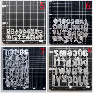 Może przedstawiać: Cztery arkusze metalowych szablon&oacute;w alfabetu, każdy arkusz zawiera inny styl czcionki. Szablony są ułożone w siatkę na czarnym tle. Szablony są wykonane z metalu i mają srebrne wykończenie.