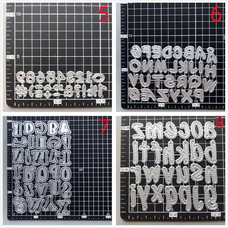 Może przedstawiać: Cztery arkusze metalowych szablon&oacute;w alfabetu, każdy arkusz zawiera inny styl czcionki. Szablony są ułożone w siatkę na czarnym tle. Szablony są wykonane z metalu i mają srebrne wykończenie.