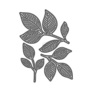 Op de afbeelding: Een set van vijf metalen stansvormen in de vorm van bladeren en takken. De bladeren zijn gedetailleerd met een lijnenpatroon en hebben een zilveren afwerking.