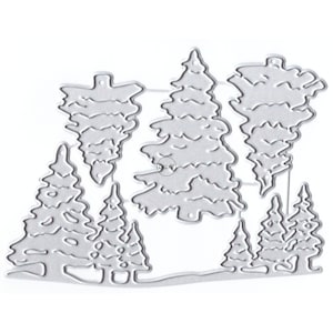 Könnte beinhalten: Metall-Stanzform zum Basteln mit einer Winterszene mit fünf Kiefern. Die Bäume sind umrandet und haben eine strukturierte Optik. Die Stanzform ist für die Verwendung mit einer Stanzmaschine konzipiert.