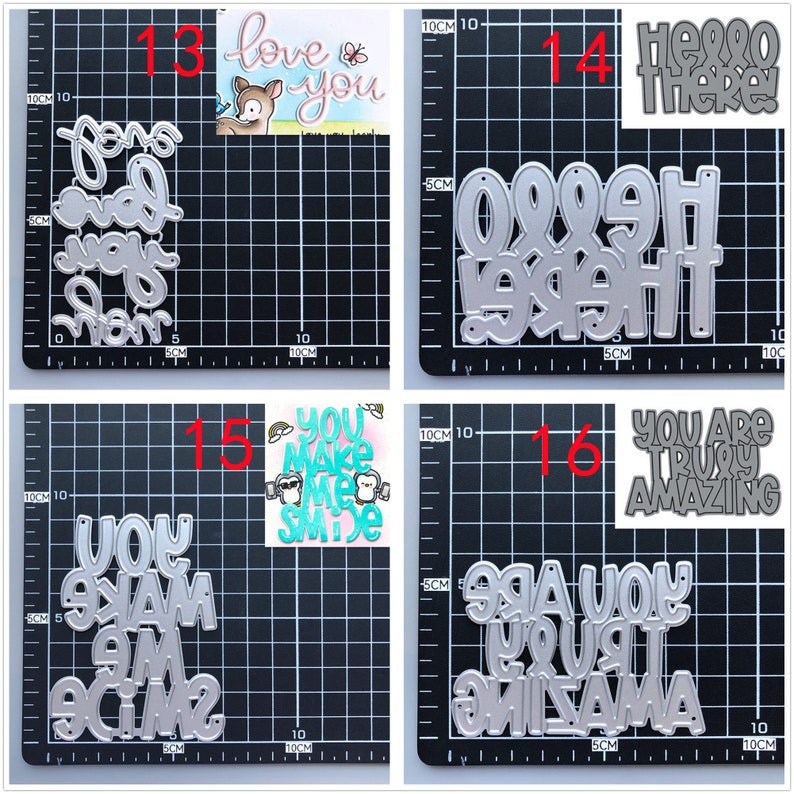 Pu&ograve; includere: Quattro stencil in metallo tagliati a morire per l'artigianato. Gli stencil presentano le parole "Love you", "Hello there", "You make me smile" e "You are truly amazing".