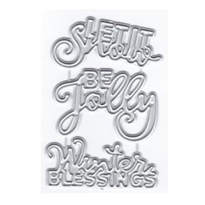 以下が含まれることがあります： クラフト用の金属製ダイカットステンシル3枚セット。ステンシルには、「Let it snow」、「Be Jolly」、「Winter Blessings」のフレーズが書かれています。